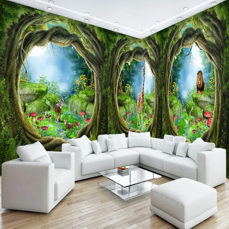 Фотообои на заказ 3D с трехмерной сказочной лесной деревьей домом тематические