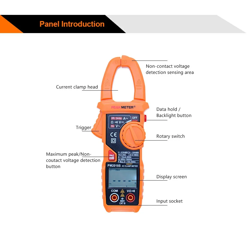 PEAKMETER PM2018S цифровой клещи Авто Диапазон переменного тока мультиметр с NCV двойной дисплей функция