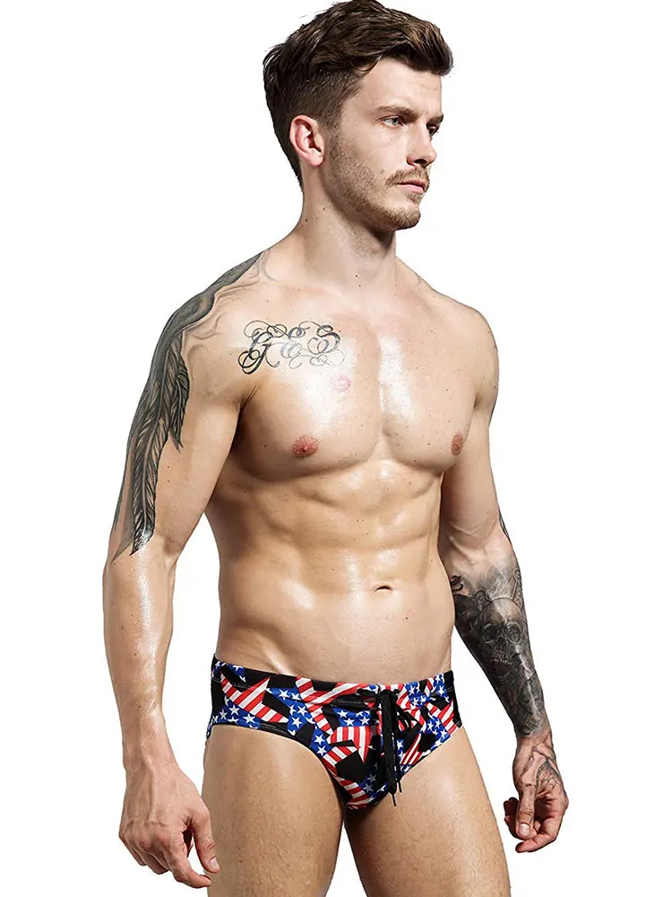 American Flag Swimwear Mens Stars Low Rise Swim Briefs Trunks USA Flag Underwear Sexy Beach Bikini Swimsuit Swimming Surf Shorts