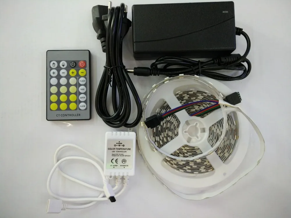 12 В постоянного тока SMD5050 CW + WW двойная цветовая температура 60 Светодиодный одов/м 5 м 300 Светодиодная лента IP20/IP65 + 24-кнопочный ИК-пульт + адаптер 12 В 5 А