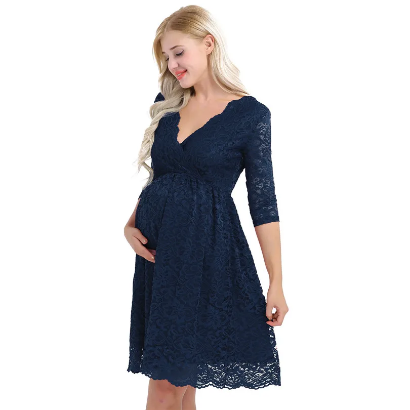 Navy Blue Элегантное цветочное кружевное платье для беременных мам; Новинка; реквизит для фотографий для беременных женщин; платье из тюля с v-образным вырезом для беременных - Цвет: Navy Blue