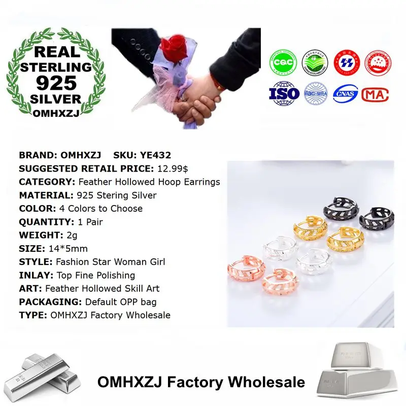 OMHXZJ Wholesale Personality Fashion OL Woman Girl Party 4 Colors Feather Hollowed Out 925 Sterling Silver Hoop Earrings YE432 | Украшения