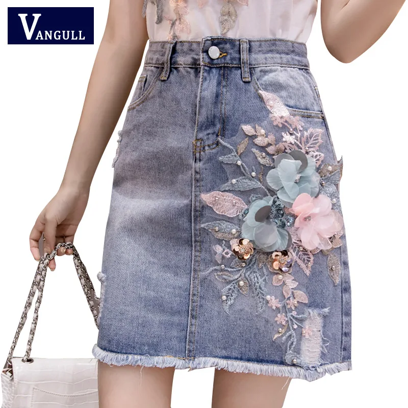Vangull 2019 Летняя женская джинсовая юбка с бисером и цветами кисточками высокой