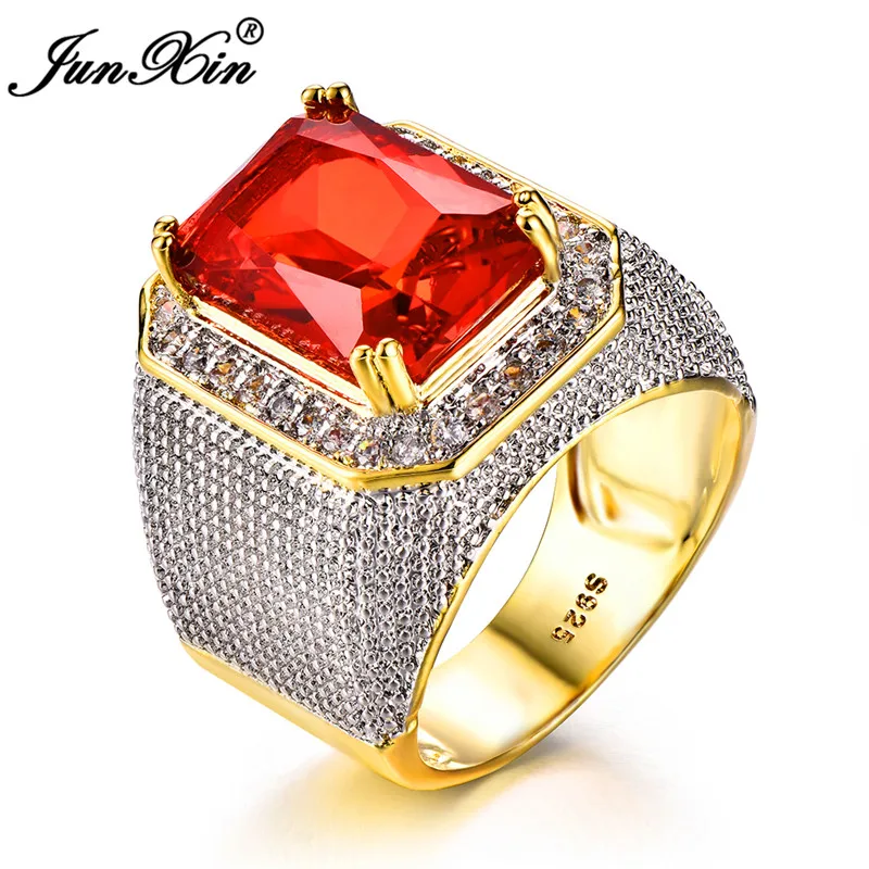 

2019 New Fashion Big Male Red Geometric Ring With Zircon Stone 18KT Yellow Gold Filled Large Wedding Rings For Men