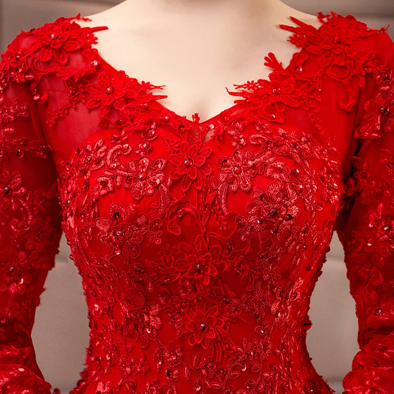 Винтажное кружевное свадебное платье с длинным рукавом Vestido De Noiva, бальное платье с v-образным вырезом, Красные Свадебные платья с длинным шлейфом, Robe De Mariee