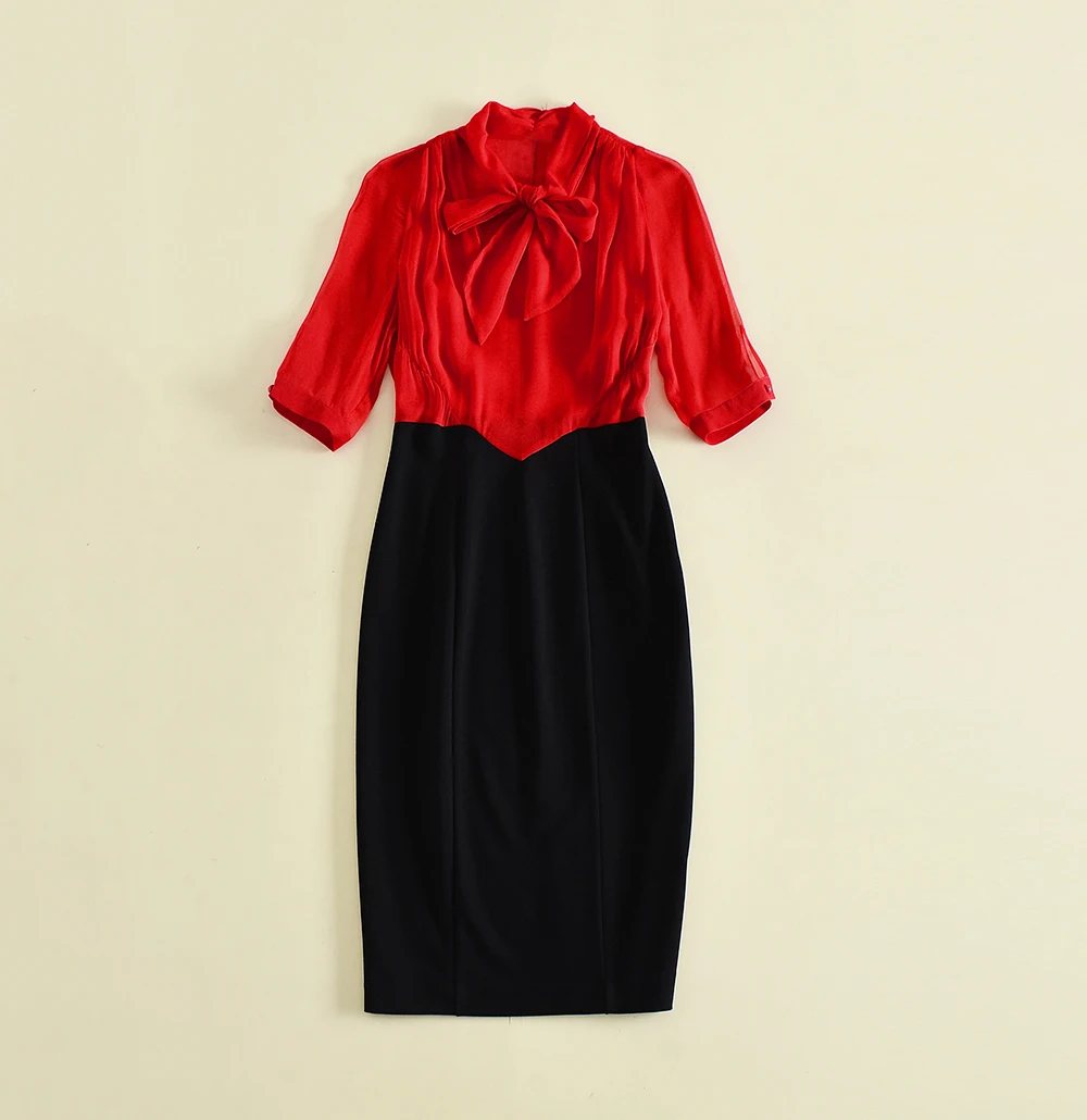 

Fashion women dress silk new arrival spring summer Bow Collar laciness red black patchwork short sleeve dress