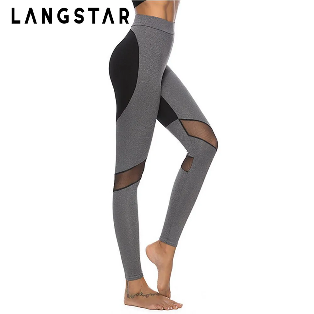 LANGSTAR штаны для йоги с высокой талией комбинированные сетчатые леггинсы фитнеса