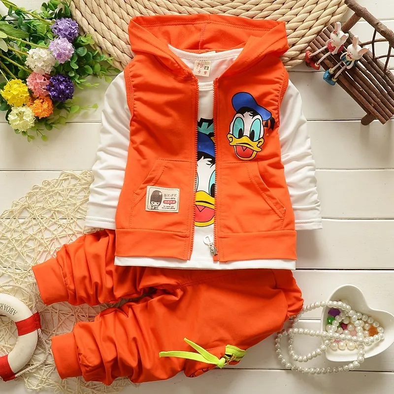 2018 Kids Clothing Boys Cartoon Jackets Donald Duck Hoodie Vest + Full Sleeve Shirt Pants 3 Pieces Suit For Baby Girls clothes | Детская