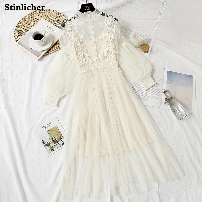 Stinlicher Sweet Long-Sleeved Stand-Neck Party Dresses Women Mesh Streetwear Mid-Calf Dress Female 2020 Summer Lace Blue | Женская