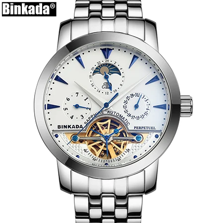 Silver White Скелет Бизнес Мужские автоматические часы Топ люксовый бренд спорт Tourbillon механические розовое золото повседневные само ветер BINKADA часы - Цвет: Silver White