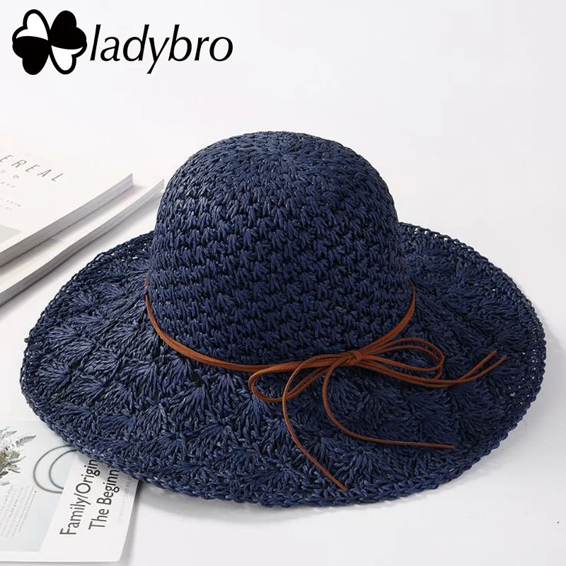 Ladybro, Солнцезащитная шляпа для женщин, ручная работа, Плетеная соломенная шляпа с бантом, складная летняя шляпа, женская шляпа с широкими полями, пляжная шляпа для женщин