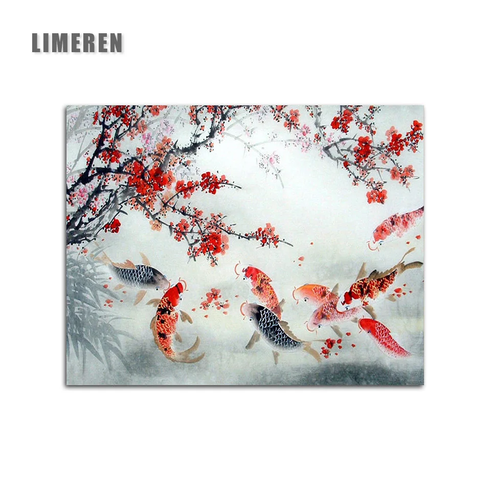 Китайский счастливый кои слива красный цветок Pintura модульная Цифровая живопись маслом цвета по номерам на холсте для гостиной стены искусства
