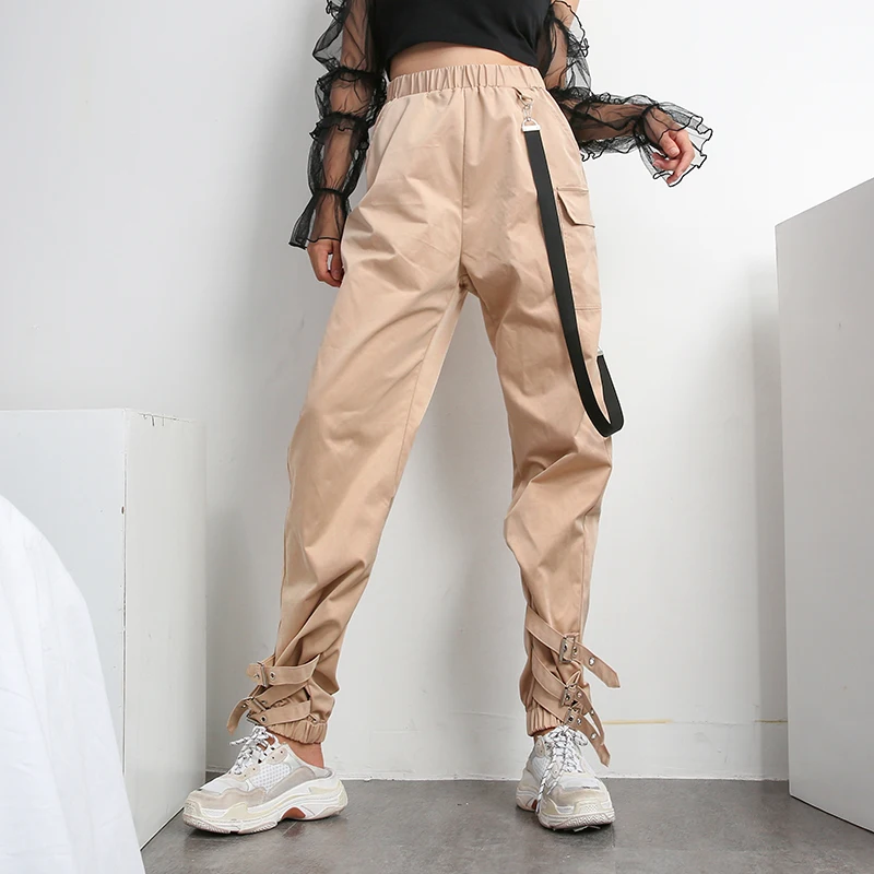 Sweetown Harajuku Punk Rock Cargo Long Pants Women Street Style Pantalon Femme Streetwear Khaki Elastic High Waist Harem Pants