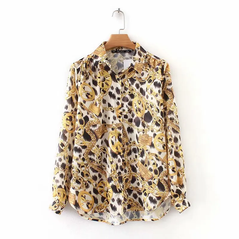 ASDS для женщин печати свободная блузка с длинным рукавом лацканами See Through рубашки