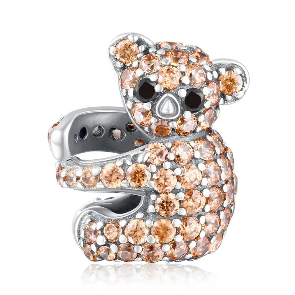 JewelryPlalace Шампанское Черный кубический цирконий коала Шарм бисера Fit Браслеты 925 пробы Серебряный Шарм бисер Fit Браслеты
