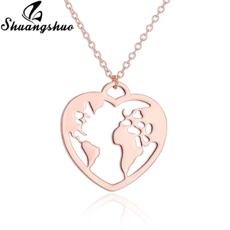 Shuangshuo Necklaces For Women Stainless Steel World Map Pendant Necklace Heart Shap Choker femme collares bijoux collier | Украшения и