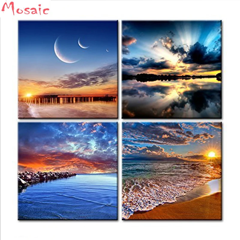 

4pcs Sunrise,sunset,seascape Diamond Embroidery Full square resin Diamond Painting Cross Stitch Diamond Mosaic Birthday Gift