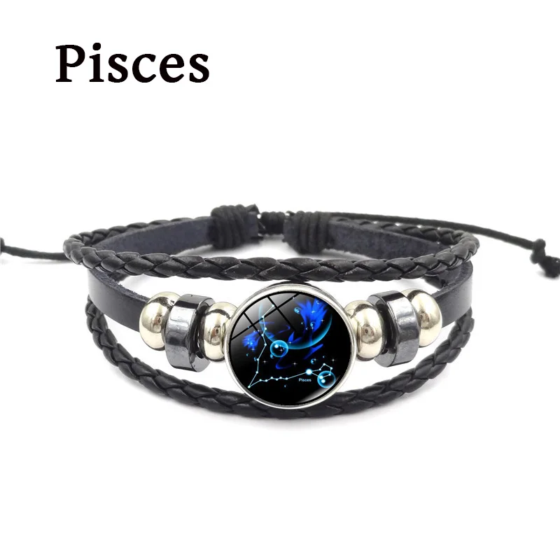 Pisces 12 браслет с подвеской в виде созвездий ретро панк стиль зодиака стеклянная Пряжка ювелирные изделия Многослойный кожаный браслет для мужчин и женщин подарок на день рождения - Окраска металла: Pisces