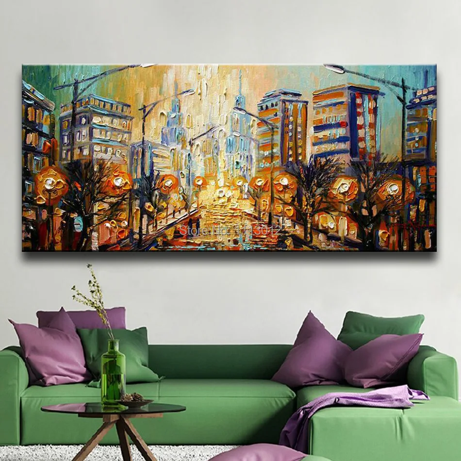 Large 3D City Palette Knife Oil Painting Modern Landscape Abstract Home Wall Art Decor Pictures Set Rain Street Road On Canvas | Дом и сад