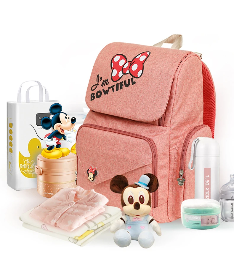 Disney New Fashion Maternity Bag Multifunctional Pink Mother Baby Double Shoulder Bag For Travel Large Capacity Nappy Bag