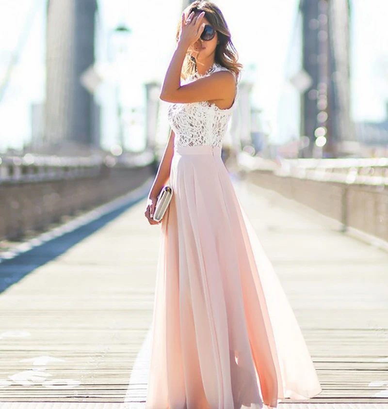 

2019 Summer Long Evening Party Dress Womens Hollow Out Beach Boho Sleeveless Maxi Patchwork Lace High Waist Chiffon Dress