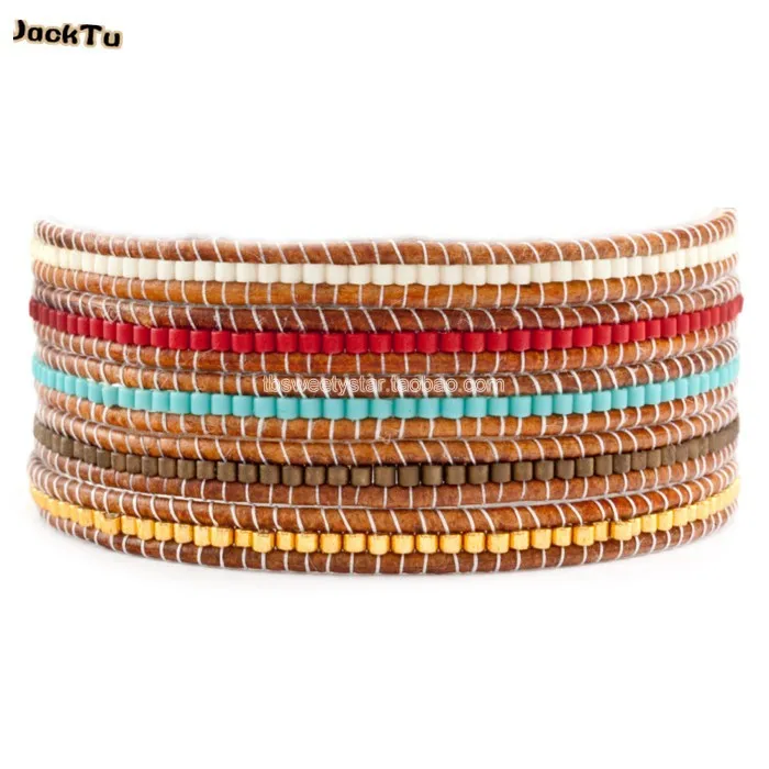 

new style mix color seed beads leather wrap bracelets high quality
