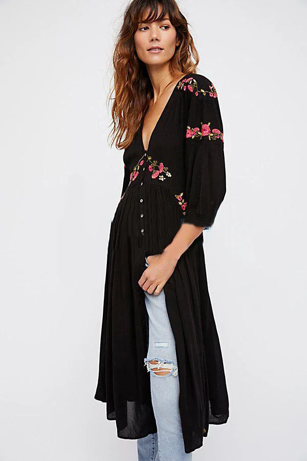 

2020 Women's Boho Dress Floral Embroidery Button Down Long Dress V-neck Summer Chic Dress Ethnic Split Robes Sweet Long Dresses