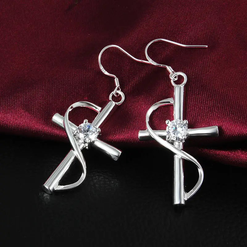 Party Jewelry Dress Earring Silver Plating Cross Drop with Zircon for Women Dangle Earrings | Украшения и аксессуары