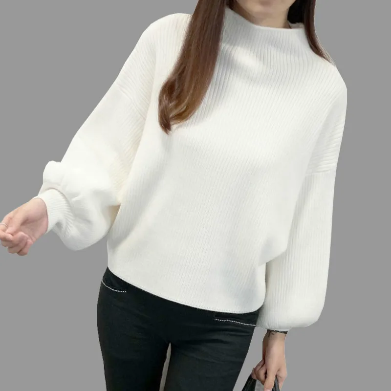 2019 Autumn Women Lantern Sleeve Korean style Knitted Sweaters Pullovers Half Turtleneck Jumper Tops One Size | Женская одежда
