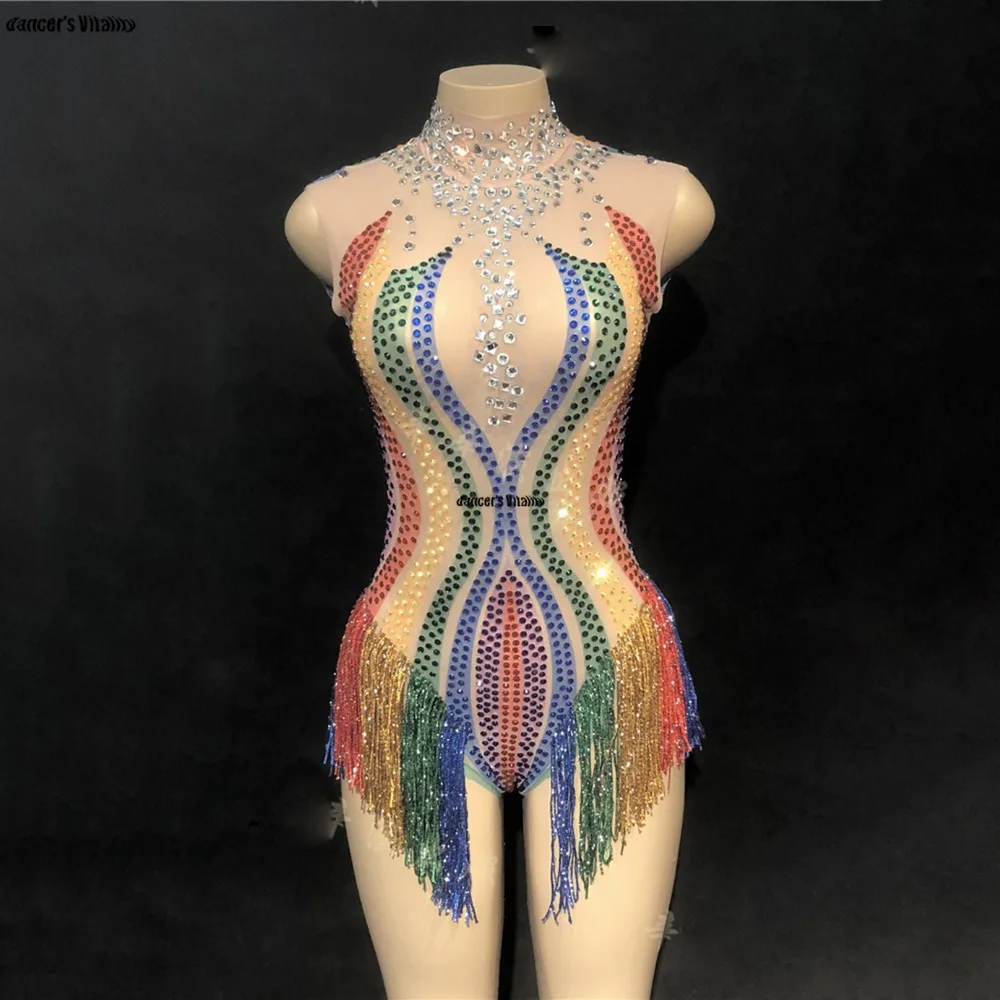 

Colorful diamond transparent mesh tassel Crystals Jumpsuit Female Singer Dancer Sexy Costume One-piece Bodysuit Nightclub Dress