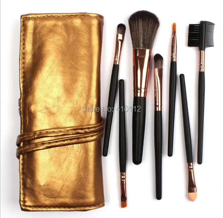 Высококачественный набор кистей для макияжа 7 в гладкий Золотой кожаной сумке