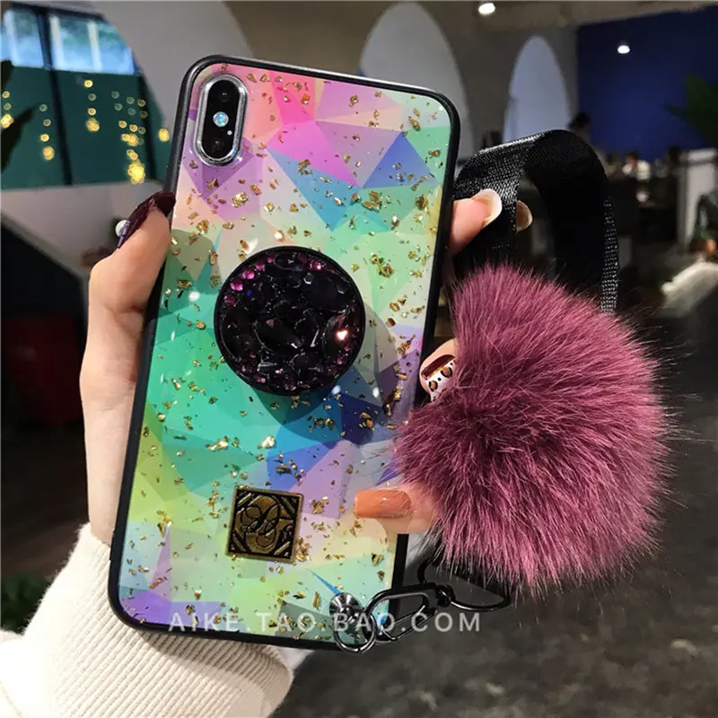 Роскошный милый цветной Розовый фламинго блеск Hairball 3D Алмазный кронштейн милый силиконовый чехол для iPhone X XR XS MAX 7 8 plus 6S - Цвет: 2