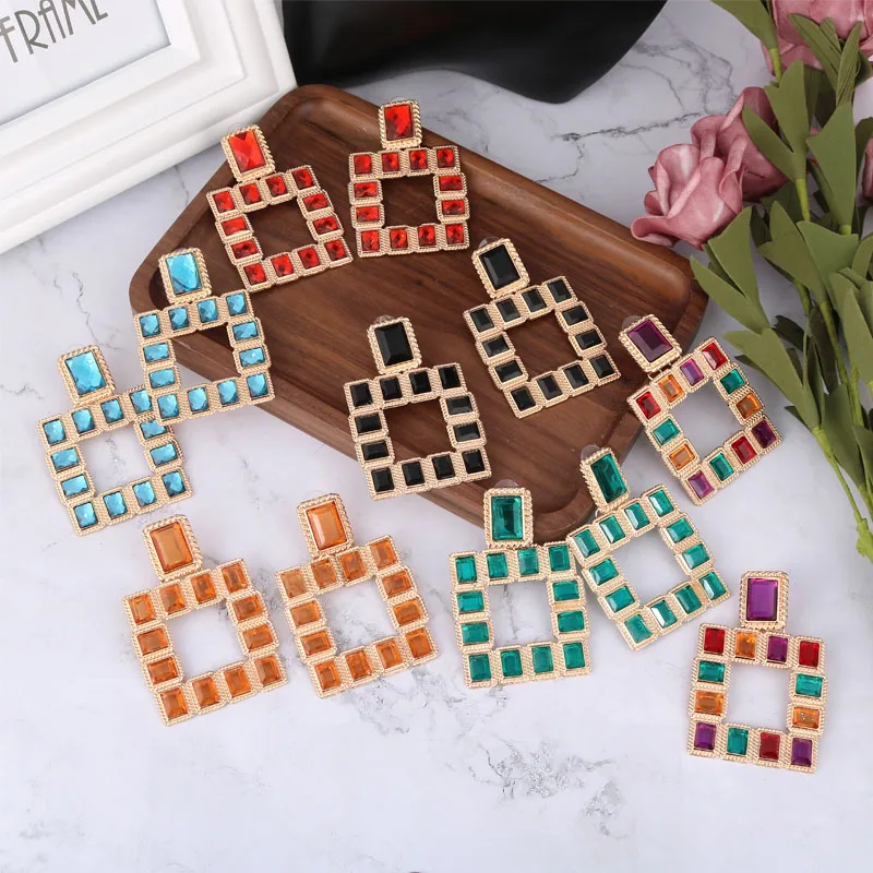 LEADERBEADS Trendy Multicolor Crystal Square Stud Earrings Vintage Geometric Alloy Chandelier Earring Women ZA Statement Jewelry | Украшения