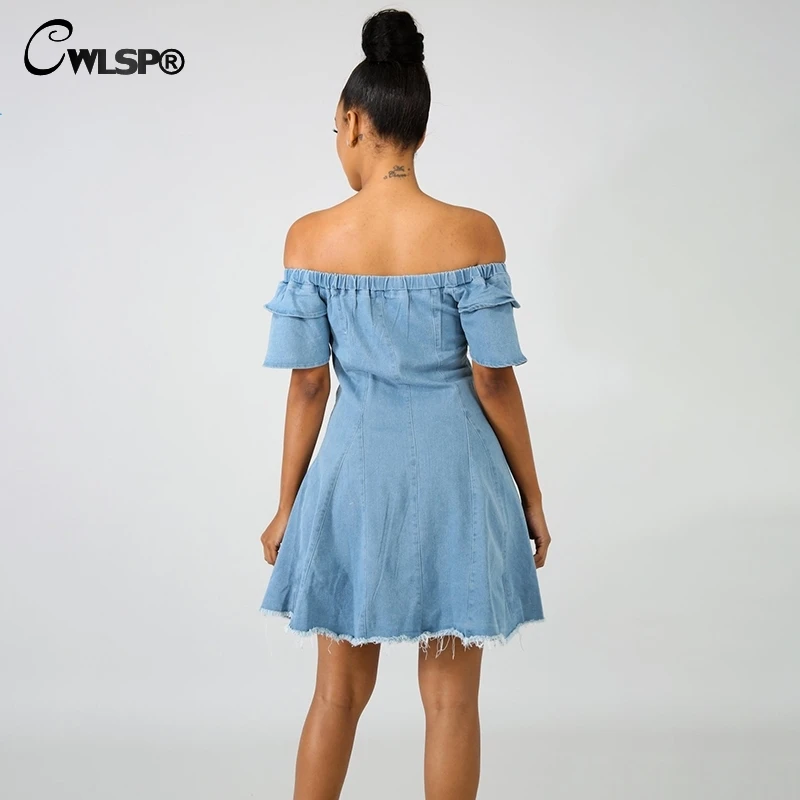 

CWLSP2018 Fashion Summer Dress Blue Sexy Loose Denim Dresses For Women Slash Neck High Pleated Dresses With Button QZ2895