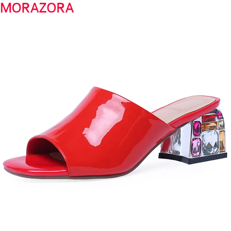 

MORAZORA 2021 new arrival women sandals patent leather shoes slip on summer shoes crystal square heels party prom shoes woman