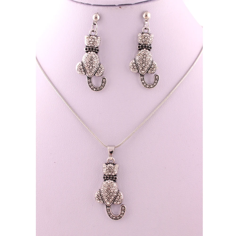 5 комплектов ожерелье и серьги с подвеской в виде кошки со сверкающими