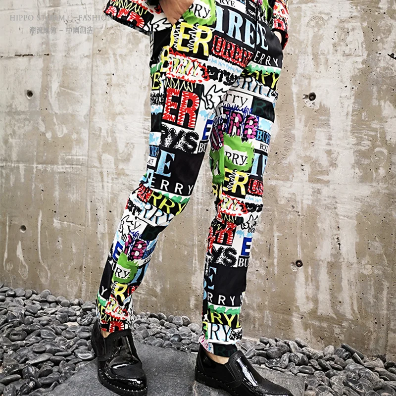 

M-6XL!!Personality printing color letters hip hop style suit suit Korean version of the nightclub singer host tidal suit.