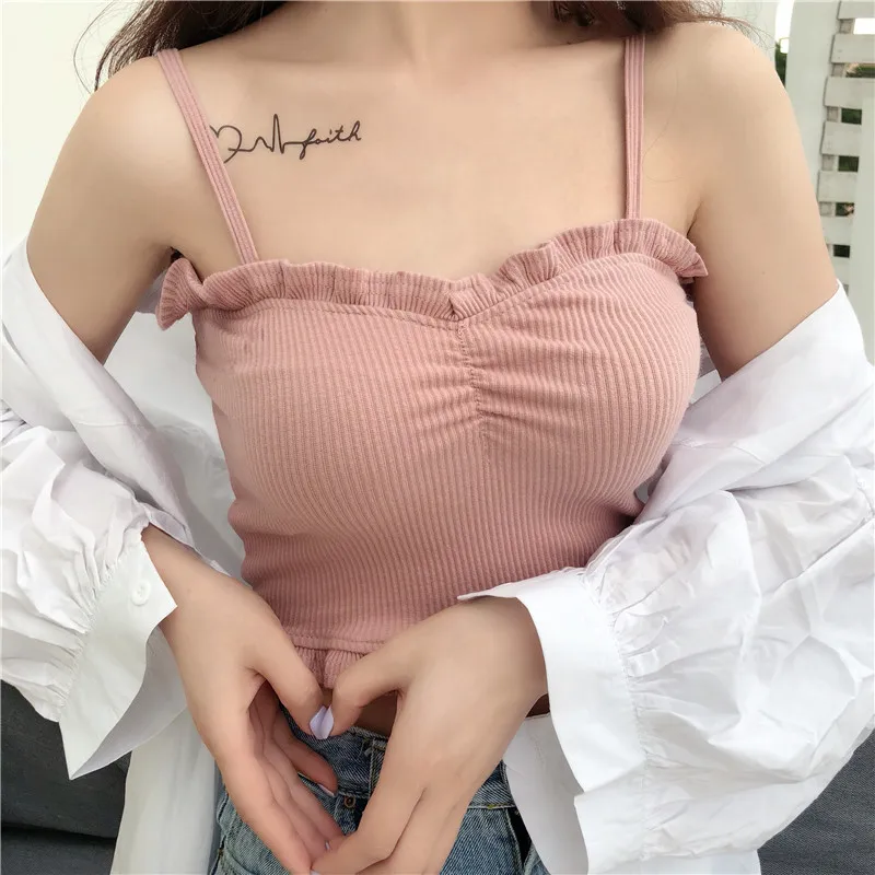 Женщины жабо отделка ребра Cami Top для плоской грудью леди