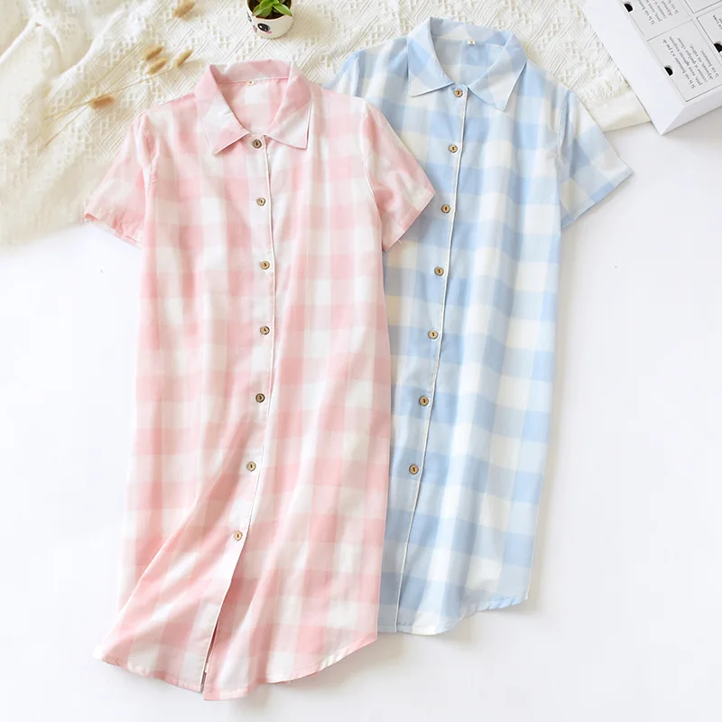 

Summer Cardigan Nightdress Plaid Cotton Gauze Shortsleeve Sleepwear Women Homeclothing Loose plus size nightgown