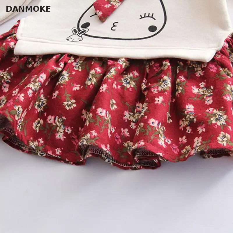 Платье с длинными рукавами для девочек принтом милого кролика и цветов 2017 г.