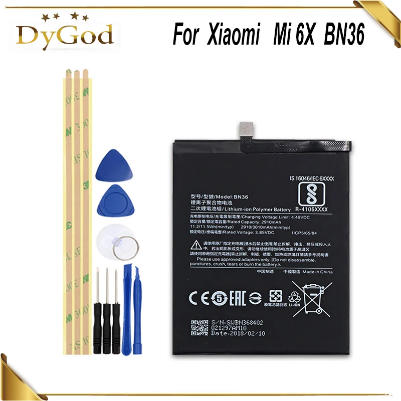 

Аккумулятор GyGod на 2910 мА · ч для Xiaomi Mi 6X BN36, Высококачественная фотобатарея для Xiaomi Mi 6X BN36 с инструментами