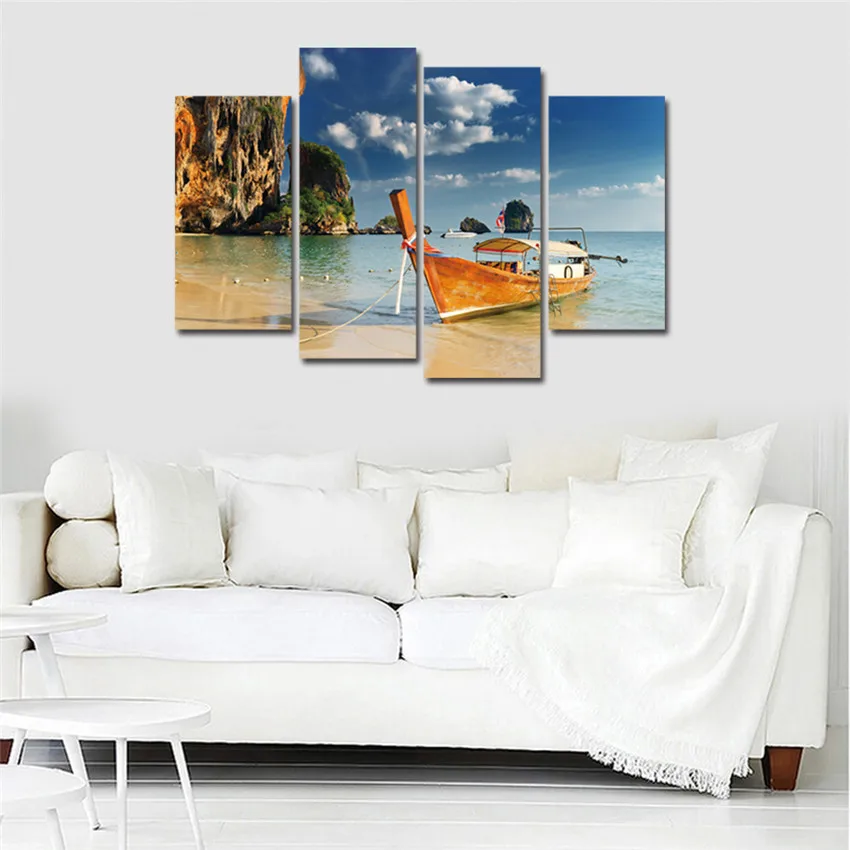 4 панели лодка Холст Картина пляж живопись на холсте Куадрос decoracion красоты