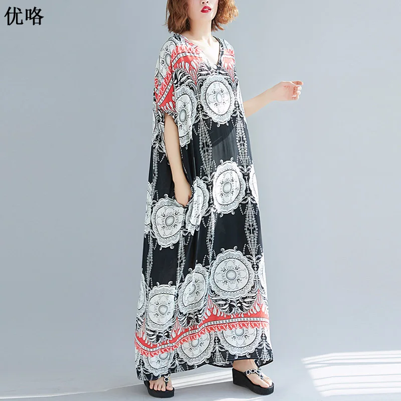 Платья для женщин размера плюс, в стиле бохо, 4XL, 5XL, 6XL, летний сарафан, большой размер, винтажное Хлопковое платье макси, женское платье, рукав летучая мышь, Vestido