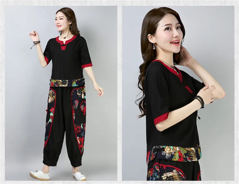 Conjunto Feminino этнический винтажный льняной хлопковый комплект с v-образным вырезом и