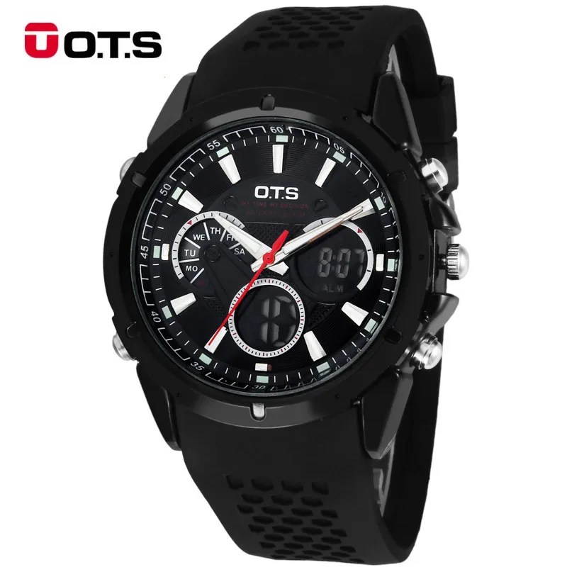 OTS спортивные часы dual time Авто Дата День светодиодный Будильник черный резиновый