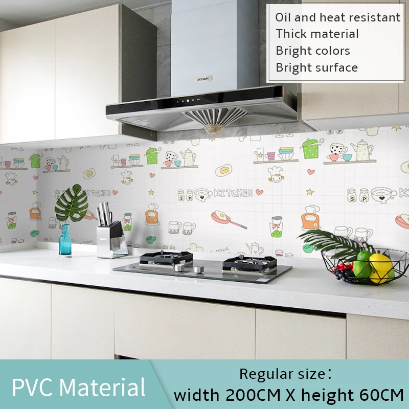 60*200cm Kitchen oil-proof wall stickers cooker high temperature waterproof tile cabinet range hood refurbished wallpaper - Цвет: 60x200cm
