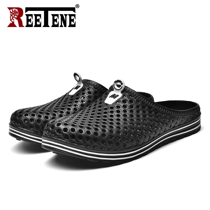 Reetene/ Мужская обувь; пляжные повседневные мужские тапочки; дышащая мужская обувь с вырезами; Вьетнамки; Летние повседневные мягкие мужские Тапочки - Цвет: Black