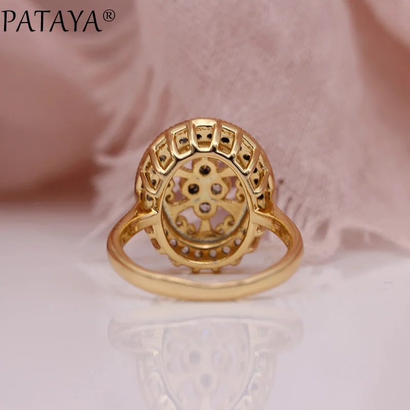 PATAYA, новинка, микро воск, инкрустация, полые кольца для женщин, роскошные свадебные ювелирные изделия, 585, розовое золото, натуральный циркон, цветок, овальное кольцо