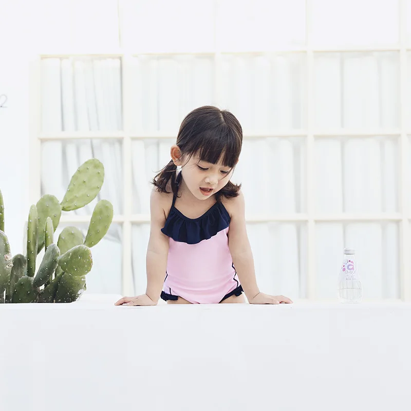 Однотонный детский купальник для маленьких девочек Цельный с оборками купальный