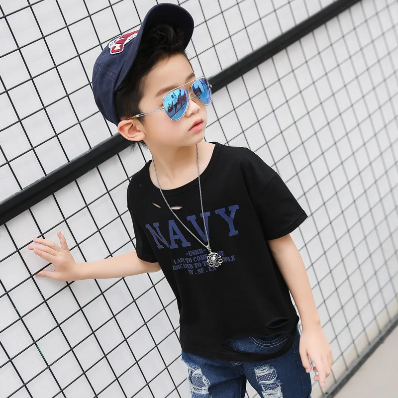 Модные рваные Дизайн детская футболка брендовые черные Хлопковая одежда для